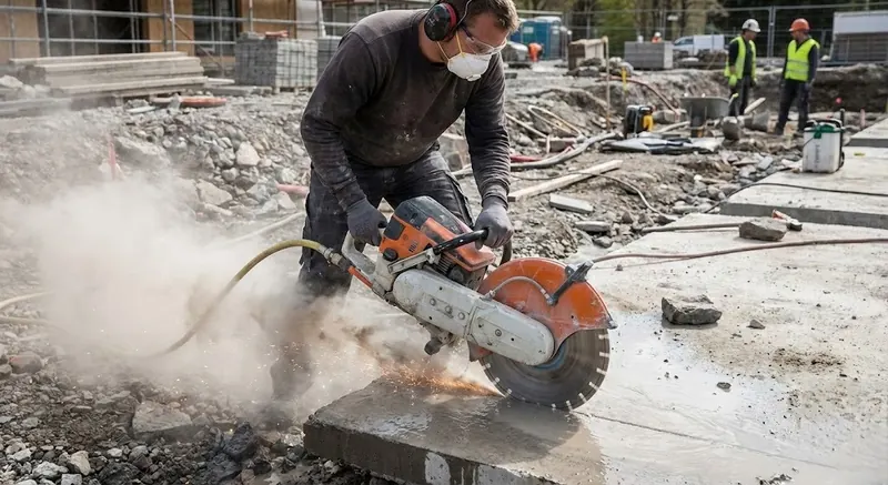 Cięcie płyty betonowej piłą spalinową na budowie
